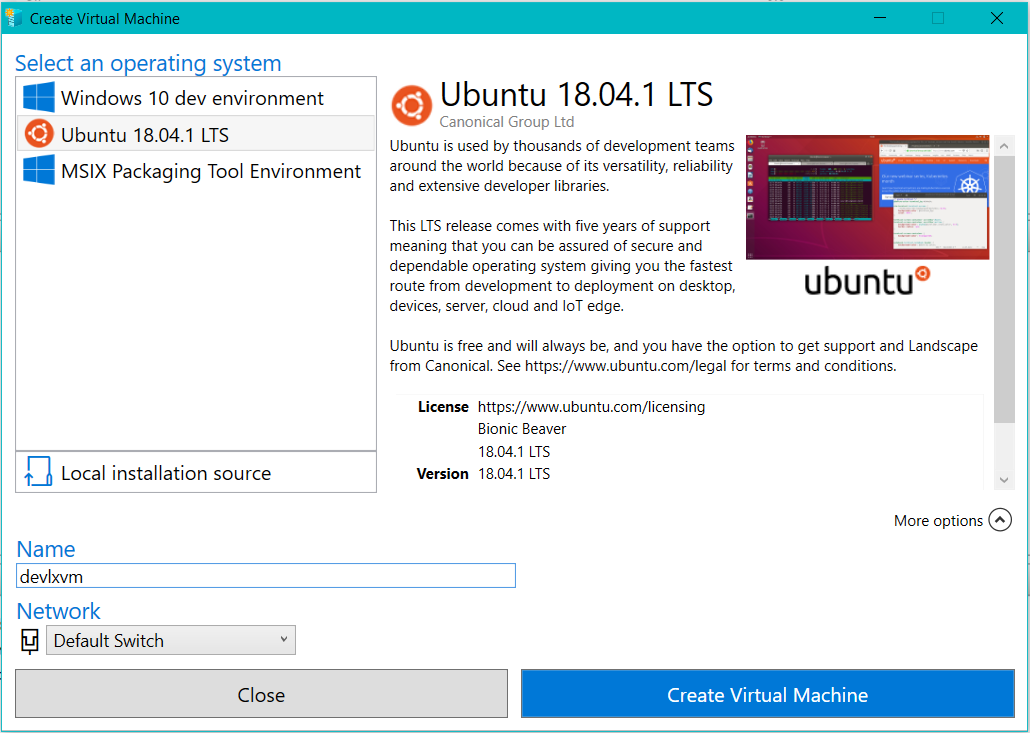Gallery images: pick Ubuntu 18.04 LTS